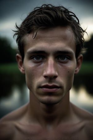 by Bill Henson, portrait, crowded pond and Interstellar cloud in background, insane details, close up of a tiny Bohemian (handsome man:1.2) , Meditation pose, shallow depth of field, Evil, Terror, chiaroscuro lighting, Circular polarizer, detailed skin, highly complex, original, beautiful composition, advanced cinematic perfect light, radiant, aesthetic