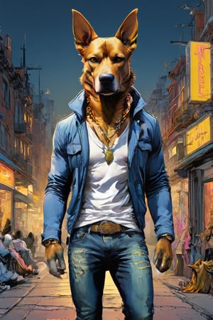 anthro (dog:1.1) merge (man:0.9) combo | wearing casual urban wear | urban setting | [no human skin:1.3], elegant, highly detailed, dramatic cinematic light, sharp focus, beautiful, divine holy, scenic, handsome, depicted, intricate, illuminated, professional, extremely, stunning, wonderful, attractive, best