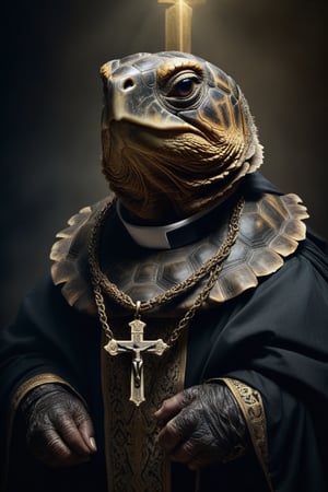 Award-winning photographer captures a hauntingly realistic image of a fierce ancient tortoise, its snarling face illuminated by the (faint glow of a crucifix:1.2). Framed against a dark, ominous background, dressed as a (priest:1.3), luxurious fabrics and fur trims, his menacing gaze seems to pierce through the shadows. Victorian Era-inspired textures bring realism to its fur and skin, while an eerie stillness in the air hints at a battle-scarred past.