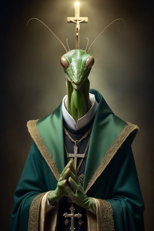 Award-winning photographer captures a hauntingly realistic image of a fierce praying mantis, its snarling face illuminated by the (faint glow of a crucifix:1.2). Framed against a dark, ominous background, dressed as a (priest:1.3), luxurious fabrics and fur trims, his menacing gaze seems to pierce through the shadows. Victorian Era-inspired textures bring realism to its fur and skin, while an eerie stillness in the air hints at a battle-scarred past.
