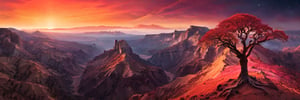 Majestic extraterrestrial terrain stretches across the frame, bathed in a warm, golden light that casts long shadows on the eerie rock formations. A lone, glowing tree stands sentinel against the crimson sky, while wispy tendrils of mist dance in the foreground. The composition is divided by a diagonal ridgeline, drawing the viewer's eye to the horizon where stars twinkle like diamonds.