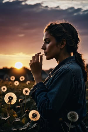 "dandelions and a glorious sunset, by photographer Lee Jeffries nikon d850 film stock photograph 4 kodak portra 400 camera f1.6 lens rich colors hyper realistic lifelike texture dramatic lighting unrealengine trending on artstation cinestill 800