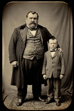 tintype of a huge fat victorian man standing next a tiny dwarf man. Oldstyle, freakshow style,