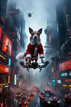 Jack Russell as santa claus rides his sleigh through the air in the far future, sci fi, blade runner, metal raindeer, against a dark blare runner future cityscape, multiple billboards, flying cars, from above, high buildings, fog below, insane details, hyperrealistic, highly detailed, 8k, trending on artstation, shot lit and composed by Tim Walker, shot on a RED digital camera, Sigma 85mm f/1.4, aw0k cat