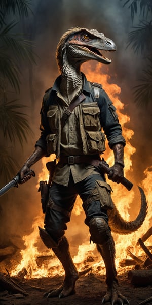 Award-winning photographer captures a hauntingly realistic image of a fierce velociraptor, its snarling face illuminated by the (faint glow of a fire:1.2). Holding a machette,  Framed against a dark, battleground background, dressed as a (mercenary:1.3), textured fabrics and weapons, his menacing gaze seems to pierce through the shadows. Vietnam Era-inspired textures bring realism to its clothes and skin, while an eerie stillness in the air hints at a battle-scarred past.