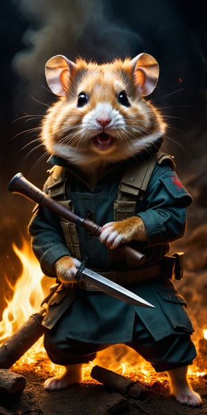 Award-winning photographer captures a hauntingly realistic image of a fierce hamster, its snarling face illuminated by the (faint glow of a fire:1.2). Holding a machette,  Framed against a dark, battleground background, dressed as a (mercenary:1.3), textured fabrics and weapons, his menacing gaze seems to pierce through the shadows. Vietnam Era-inspired textures bring realism to its clothes and skin, while an eerie stillness in the air hints at a battle-scarred past.