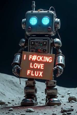 A shot of a gargantuan robot constructed from salvaged electronic waste, looming large against the lunar surface. The robot's metallic body is comprised of repurposed gadgets, wires, and circuit boards, with glowing blue LED eyes that seem to pierce through the darkness. It stands on the desolate, cratered moonlit terrain, holding a makeshift sign emblazoned with bold, neon-lit letters: "I F@CK!NG LOVE FLUX!" The robot's imposing presence is juxtaposed against the stark beauty of the tiny moon, where wispy tendrils of solar wind dance across the surface.