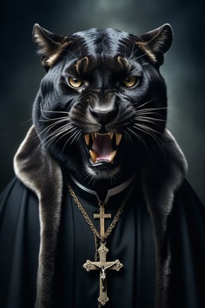 Award-winning photographer captures a hauntingly realistic image of a fierce panther, its snarling face illuminated by the (faint glow of a crucifix:1.2). Framed against a dark, ominous background, dressed as a (priest:1.3), luxurious fabrics and fur trims, his menacing gaze seems to pierce through the shadows. Victorian Era-inspired textures bring realism to its fur and skin, while an eerie stillness in the air hints at a battle-scarred past.