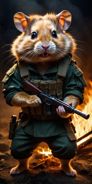 Award-winning photographer captures a hauntingly realistic image of a fierce hamster, its snarling face illuminated by the (faint glow of a fire:1.2). Holding a machette,  Framed against a dark, battleground background, dressed as a (mercenary:1.3), textured fabrics and weapons, his menacing gaze seems to pierce through the shadows. Vietnam Era-inspired textures bring realism to its clothes and skin, while an eerie stillness in the air hints at a battle-scarred past.