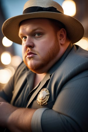 A moody cityscape at dusk. A morbidly obese, yet handsome man with ginger hair and a Moorish sun hat is seen in close-up, looking up as he speeds by on his sleek vehicle, racing stripes blurred from motion. The bokeh of the background city lights creates a sense of depth. Designed in the style of Germaine Krull and Tom Chambers, this maximalist artwork blends dieselpunk and fairy-tale elements with desaturated colors. A badge adorns the man's chest as ambient light captures his determined expression.