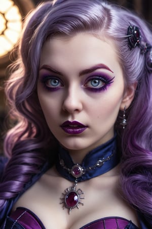 portrait, close up of a Eye-catching buxom Vampire (instagram girl:1.1) , she is from the Postwar Era, Cardinal, her hair is Colored, higher class Violet, Magenta and Indigo Spider Tail, ultrafine detailed, Astropunk, Sun Rays, One Color, atmosphere, beautiful, highly intricate, ambient, aesthetic, beautiful detailed, dramatic