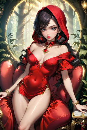 Little Red Riding Hood's sultry gaze lures in the camera as she lounges on a plush, crimson-red velvet couch, her iconic hood now replaced with a ravishing raven-haired updo. Soft, golden lighting accentuates her porcelain skin and plump lips, while a delicate, gemstone-encrusted necklace frames her décolletage. A languid pose, one leg tucked under, showcases her toned physique, as if inviting the viewer to join her in this seductive forest lair.
