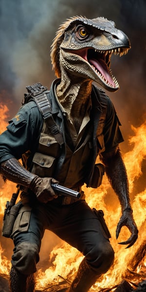 Award-winning photographer captures a hauntingly realistic image of a fierce velociraptor, its snarling face illuminated by the (faint glow of a fire:1.2). Framed against a dark, battleground background, dressed as a (mercenary:1.3), textured fabrics and weapons, his menacing gaze seems to pierce through the shadows. Vietnam Era-inspired textures bring realism to its clothes and skin, while an eerie stillness in the air hints at a battle-scarred past.