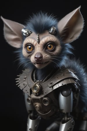 Award-winning photographer captures a hauntingly realistic image of a fierce anthro robot aye-aye, its snarling face illuminated by the faint glow of mechanical components (1.3). Framed against a dark, ominous background, the warrior's menacing gaze seems to pierce through the shadows. Victorian Era-inspired textures bring realism to its fur and skin, while an eerie stillness in the air hints at a battle-scarred past.