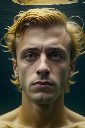 portrait, close up of a small (handsome man:1.1) , Swimming, in deep yellow [High-neck top:Shorts:6], his hair is Great, FOV 90 degrees, white matte surfaces, dark and surreal art, Iridescent surfaces, wholesome narratives, unsettling, units, complex artistic color composition, perfect background, great composition, fine artistic composition, dynamic cinematic perfect background, ambient light