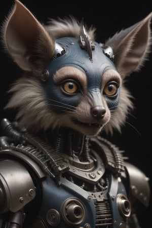 Award-winning photographer captures a hauntingly realistic image of a fierce anthro robot aye-aye, its snarling face illuminated by the faint glow of mechanical components (1.3). Framed against a dark, ominous background, the warrior's menacing gaze seems to pierce through the shadows. Victorian Era-inspired textures bring realism to its fur and skin, while an eerie stillness in the air hints at a battle-scarred past.