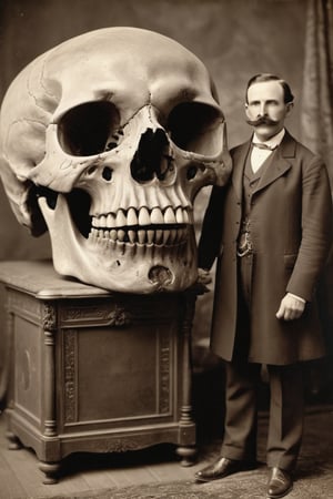 Vintage sepia postcard of a victorian gentlemen with a large moustache uncovering a huge giants skull, skull looks human but is very large, | detailed tintype photograph, award winning