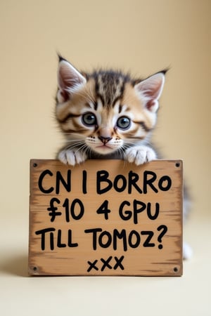 A realistic photo scene: A tiny ball of fluff, a baby kitten, cradles a wooden sign in its paw. The sign, weathered and worn, bears an endearing plea: "CN I BORRO £10 4 GPU TILL TOMOZ? xXx" Framed against a soft, creamy background, the kitten's big eyes shine with hope, while its tiny paws grasp the sign as if pleading for mercy.