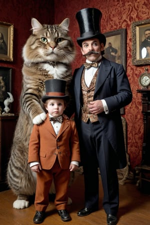 A sideshow spectacle unfolds: a gargantuan, rotund Victorian gentleman, dressed in a ornate three-piece suit and top hat, towers over a diminutive dwarf companion, no larger than a housecat, sporting a miniature version of the same attire. The contrast is striking as the giant's imposing figure looms large against the backdrop of a vintage curiosity shop, with antique artifacts and dusty relics filling the shelves.