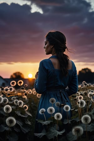 "dandelions and a glorious sunset, by photographer Lee Jeffries nikon d850 film stock photograph 4 kodak portra 400 camera f1.6 lens rich colors hyper realistic lifelike texture dramatic lighting unrealengine trending on artstation cinestill 800