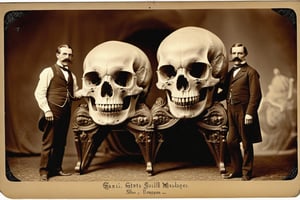 Vintage sepia postcard of victorian gentlemen with large moustaches uncovering a huge giants skull, skull looks human but is very large, | detailed tintype photograph, award winning