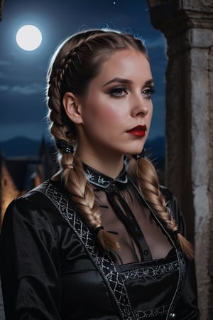 closeup of woman wearing gothic clothes, braided pigtails, in a castle, sharp focus, looking at the night time, Mystical atmosphere, cinematic