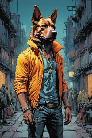 anthro (dog:1.1) merge (man:0.9) combo | wearing casual urban wear | urban setting | [no human skin:1.3], elegant, highly detailed, dramatic cinematic light, sharp focus, beautiful, divine holy, scenic, handsome, depicted, intricate, illuminated, professional, extremely, stunning, wonderful, attractive, best