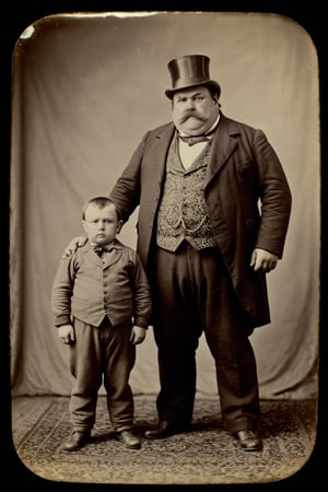 tintype of a huge fat victorian man standing next a tiny dwarf man. Oldstyle, freakshow style,