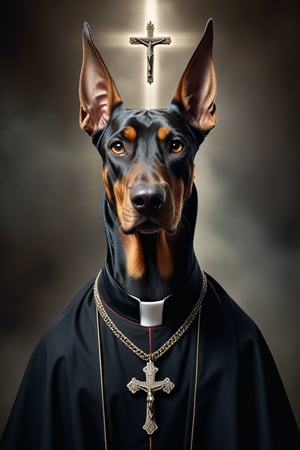 Award-winning photographer captures a hauntingly realistic image of a fierce doberman, its snarling face illuminated by the (faint glow of a crucifix:1.2). Framed against a dark, ominous background, dressed as a (priest:1.3), luxurious fabrics and fur trims, his menacing gaze seems to pierce through the shadows. Victorian Era-inspired textures bring realism to its fur and skin, while an eerie stillness in the air hints at a battle-scarred past.