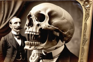 Vintage sepia postcard of a victorian gentlemen with a large moustache uncovering a huge giants skull, skull looks human but is very large, | detailed tintype photograph, award winning