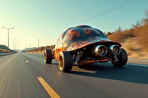 A raw, high-speed photography capture of a futuristic tortoise-hotrod hybrid, speeding down a blurred highway. The tortoise's shell gleams with a vibrant flame custom paint job, while dual exhaust pipes protrude from its back, spewing forth a trail of smoke and fury. The subject's pose exudes speed and power as it devours the asphalt.