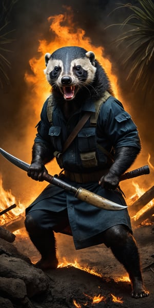 Award-winning photographer captures a hauntingly realistic image of a fierce honey badger, its snarling face illuminated by the (faint glow of a fire:1.2). Holding a machette,  Framed against a dark, battleground background, dressed as a (mercenary:1.3), textured fabrics and weapons, his menacing gaze seems to pierce through the shadows. Vietnam Era-inspired textures bring realism to its clothes and skin, while an eerie stillness in the air hints at a battle-scarred past.