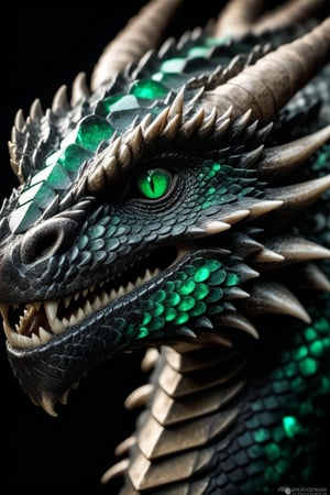 gritty RAW nature photo of a macro dragons head, its scales are emerald and obsidian, scale have a faint glow | dramatic subdued lighting, award winning nature photography,