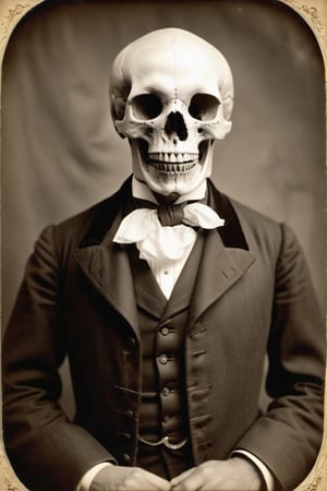 Vintage sepia postcard of a victorian gentlemen with a large moustache uncovering a huge giants skull, skull looks human but is very large, | detailed tintype photograph, award winning