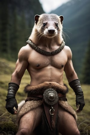 anthro (man:1.0) (Gulo Mustelidae:1.2) merge, | fierce, fearsome warrior | fantasy adventure setting,| RAW photo,