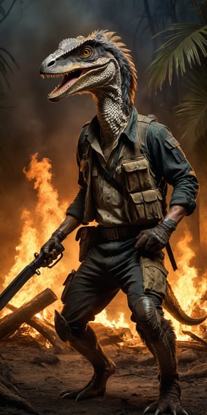 Award-winning photographer captures a hauntingly realistic image of a fierce velociraptor, its snarling face illuminated by the (faint glow of a fire:1.2). Holding a machette,  Framed against a dark, battleground background, dressed as a (mercenary:1.3), textured fabrics and weapons, his menacing gaze seems to pierce through the shadows. Vietnam Era-inspired textures bring realism to its clothes and skin, while an eerie stillness in the air hints at a battle-scarred past.