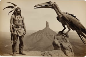 Vintage sepia postcard of an apache chief standing next to a live perched Pterodactylus, the Pterosaur is huge | detailed tintype photograph, award winning