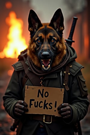 Award-winning photographer captures a hauntingly realistic image of a fierce German Shepard dog, its snarling face illuminated by the (faint glow of a fire:1.2). Framed against a dark, battleground background, dressed as a (mercenary:1.3), textured fabrics and weapons, his menacing gaze seems to pierce through the shadows. He is on a burning town street at night, he is holding a sign saying "No Fucks!"