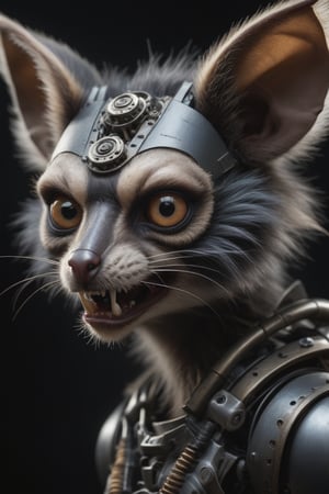 Award-winning photographer captures a hauntingly realistic image of a fierce anthro robot aye-aye, its snarling face illuminated by the faint glow of mechanical components (1.3). Framed against a dark, ominous background, the warrior's menacing gaze seems to pierce through the shadows. Victorian Era-inspired textures bring realism to its fur and skin, while an eerie stillness in the air hints at a battle-scarred past.