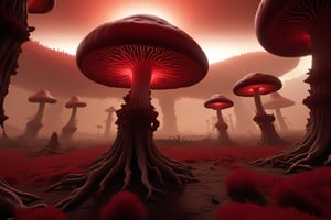 A surreal, dreamlike scene unfolds as a sprawling alien mushroom forest stretches across a desolate, crimson-hued landscape. The air is thick with an otherworldly mist, casting a warm, golden glow on the fungal formations. A lone, glowing orb hangs suspended in mid-air, bathing the eerie atmosphere in an ethereal light.