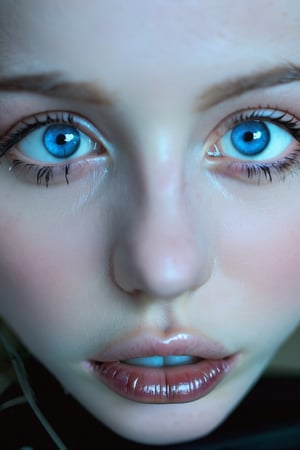 RAW photo of a womans face with blue (large eyes:1.9) (small nose:-1.5) (big lips:2.7) | gothic styling