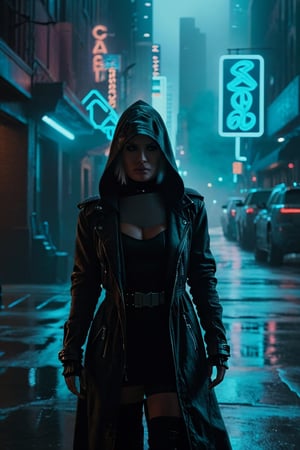 "cinematic still, medium shot on ARRI Alexa 35, a lone hooded figure using chaos magic, low-key color grading, hyper-realistic pop, cyberpunk, Chicago 2087