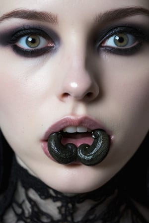 RAW photo of a womans face with a merged (lip:1.15)(slug had:1.3) | gothic styling