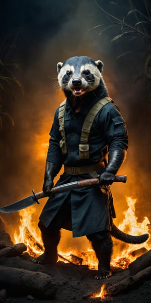 Award-winning photographer captures a hauntingly realistic image of a fierce honey badger, its snarling face illuminated by the (faint glow of a fire:1.2). Holding a machette,  Framed against a dark, battleground background, dressed as a (mercenary:1.3), textured fabrics and weapons, his menacing gaze seems to pierce through the shadows. Vietnam Era-inspired textures bring realism to its clothes and skin, while an eerie stillness in the air hints at a battle-scarred past.