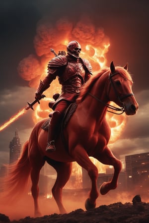 War incarnate riding a blazing (red horse:1.3) emerging from atomic blast city, cloaked skeleton wielding fiery sword, (horse red with fire:1.2), towering nuclear mushroom cloud background, | Ultra-detailed photography, high contrast, eerie glow, foreboding atmosphere