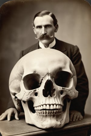 Vintage sepia postcard of a victorian gentlemen with a large moustache uncovering a huge giants skull, skull looks human but is very large, | detailed tintype photograph, award winning