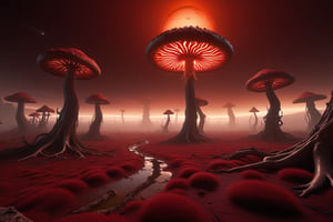 A surreal, dreamlike scene unfolds as a sprawling alien mushroom forest stretches across a desolate, crimson-hued landscape. The air is thick with an otherworldly mist, casting a warm, golden glow on the fungal formations. A lone, glowing orb hangs suspended in mid-air, bathing the eerie atmosphere in an ethereal light.