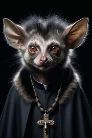 Award-winning photographer captures a hauntingly realistic image of a fierce aye-aye, its snarling face illuminated by the (faint glow of a crucifix:1.2). Framed against a dark, ominous background, dressed as a (priest:1.3), luxurious fabrics and fur trims, his menacing gaze seems to pierce through the shadows. Victorian Era-inspired textures bring realism to its fur and skin, while an eerie stillness in the air hints at a battle-scarred past.