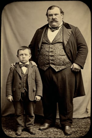 tintype of a huge fat victorian man standing next a tiny dwarf man. Oldstyle, freakshow style,