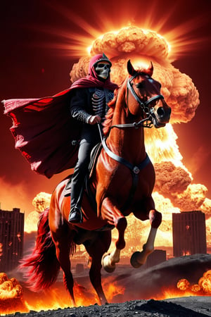 War incarnate riding a blazing (red horse:1.3) emerging from atomic blast city, cloaked skeleton wielding fiery sword, (horse red with fire:1.2), towering nuclear mushroom cloud background, | Ultra-detailed photography, high contrast, eerie glow, foreboding atmosphere